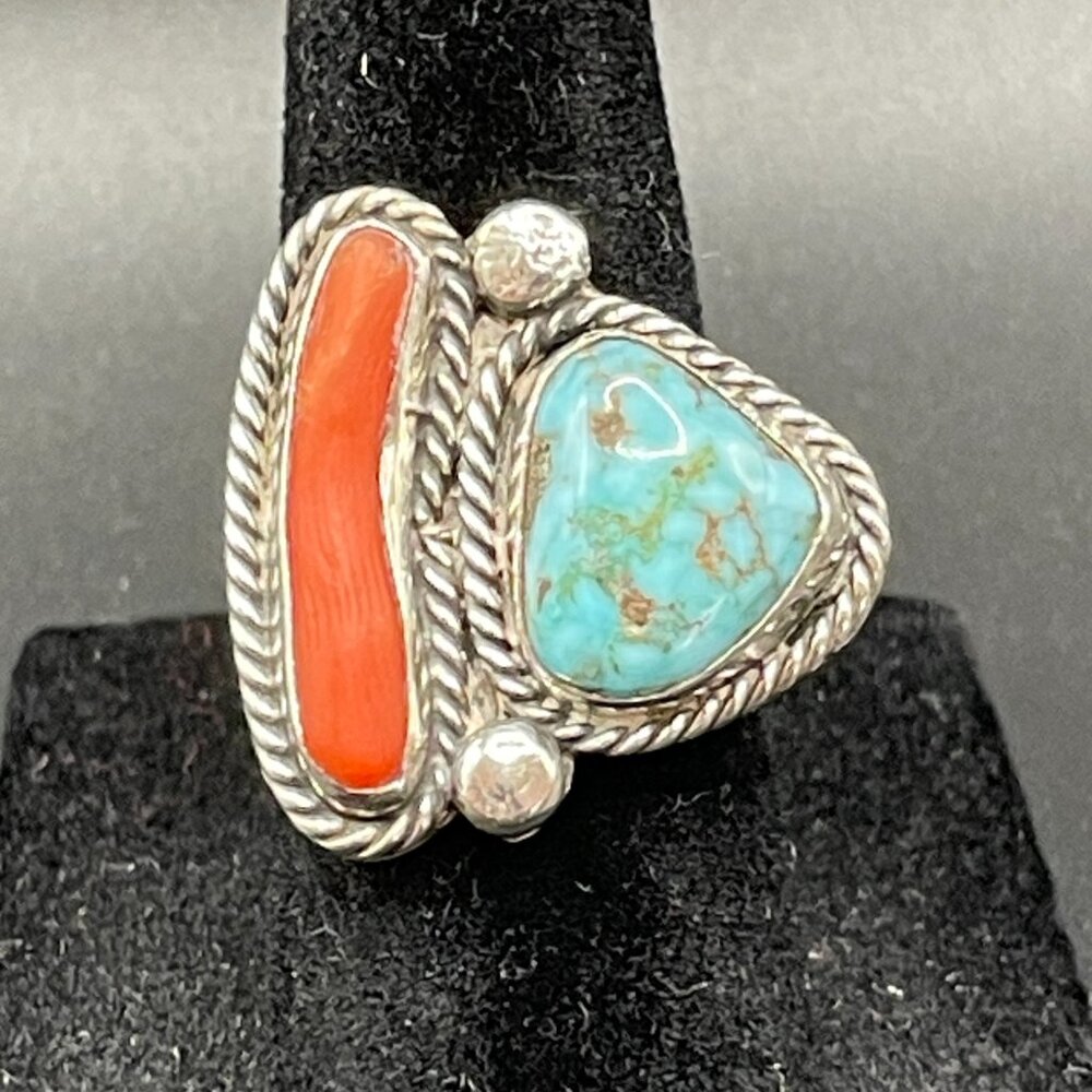 Vintage Signed Native American Silver Turquoise Coral Ring  5 1/2